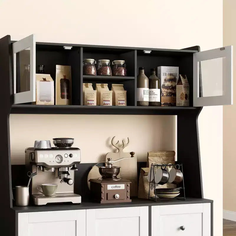 66.9 Tall Kitchen Hutch Storage Cabinet , Coffee Bar Cabinet with 3 Drawers & Lights , Freestanding Food Pantry Cabinet