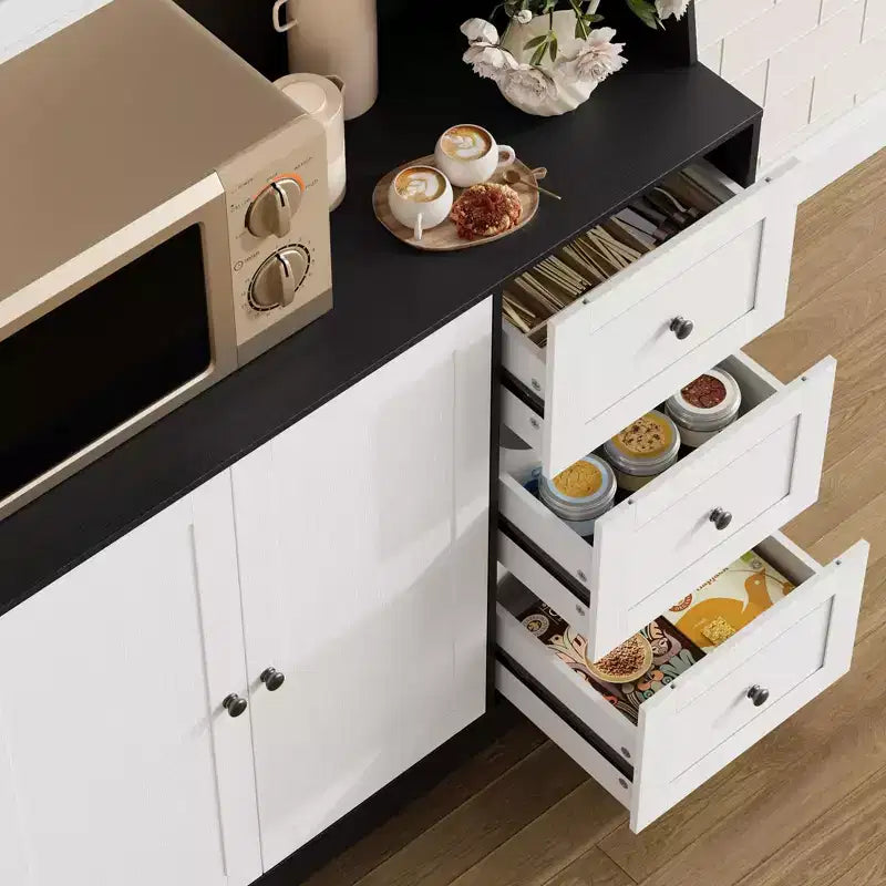 66.9 Tall Kitchen Hutch Storage Cabinet , Coffee Bar Cabinet with 3 Drawers & Lights , Freestanding Food Pantry Cabinet