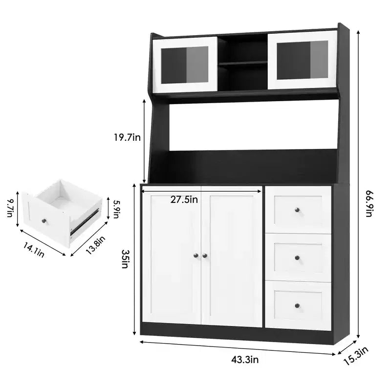 66.9 Tall Kitchen Hutch Storage Cabinet , Coffee Bar Cabinet with 3 Drawers & Lights , Freestanding Food Pantry Cabinet