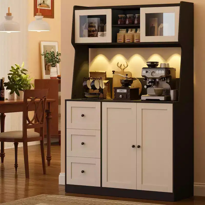 66.9 Tall Kitchen Hutch Storage Cabinet , Coffee Bar Cabinet with 3 Drawers & Lights , Freestanding Food Pantry Cabinet