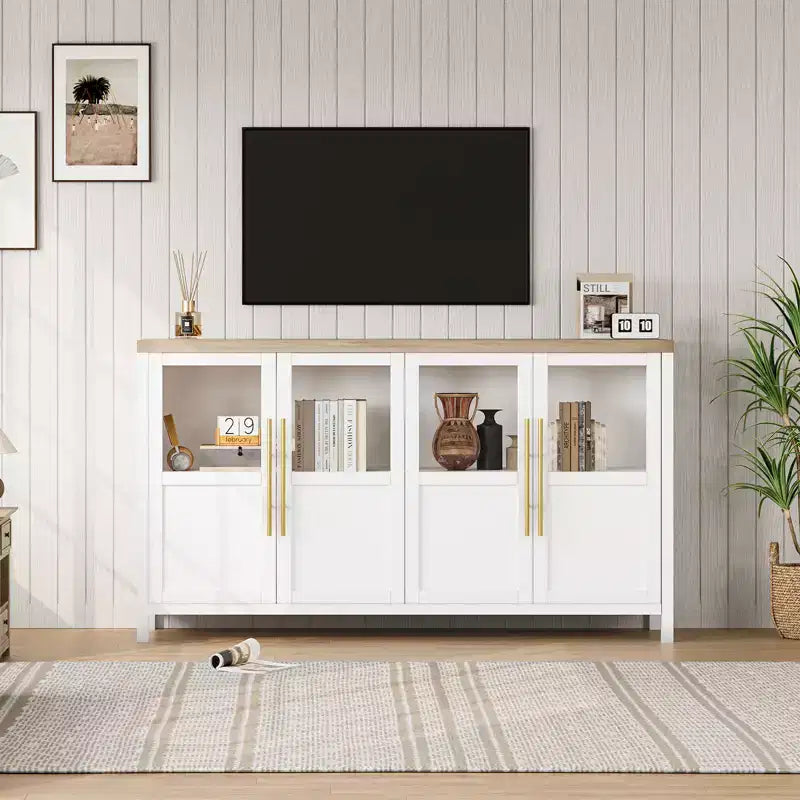 55'' Large Sideboard , Glass - Door Kitchen Storage Cabinet , Wooden Farmhouse Coffee Bar Cabinet , Dining Room Buffet Table with Storage
