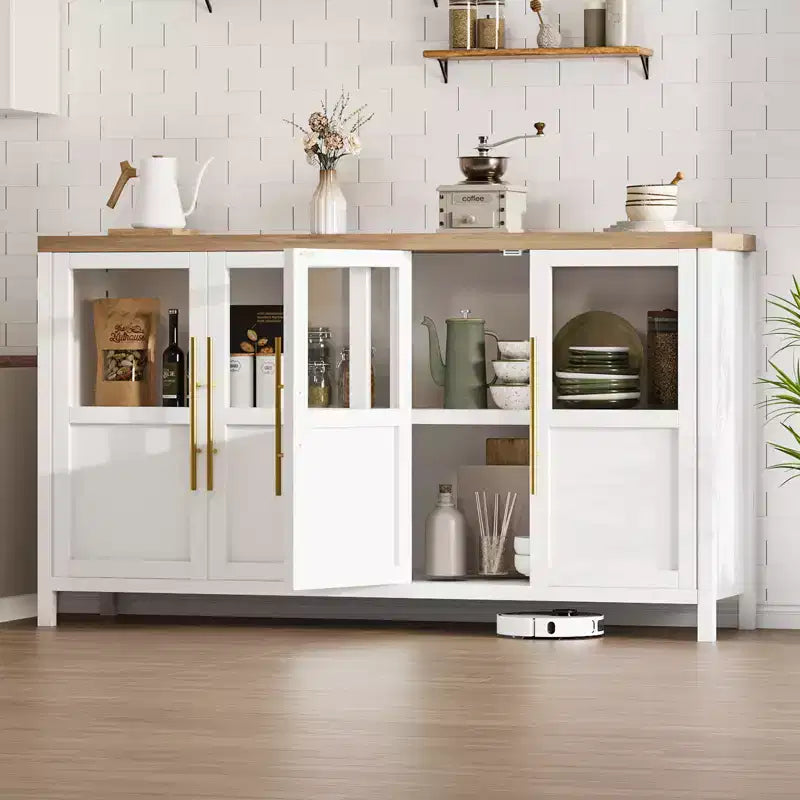 55'' Large Sideboard , Glass - Door Kitchen Storage Cabinet , Wooden Farmhouse Coffee Bar Cabinet , Dining Room Buffet Table with Storage
