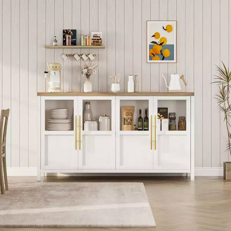 55'' Large Sideboard , Glass - Door Kitchen Storage Cabinet , Wooden Farmhouse Coffee Bar Cabinet , Dining Room Buffet Table with Storage