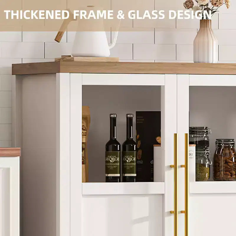 55'' Large Sideboard , Glass - Door Kitchen Storage Cabinet , Wooden Farmhouse Coffee Bar Cabinet , Dining Room Buffet Table with Storage