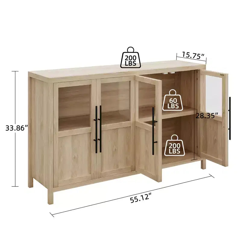55'' Large Sideboard , Glass - Door Kitchen Storage Cabinet , Wooden Farmhouse Coffee Bar Cabinet , Dining Room Buffet Table with Storage