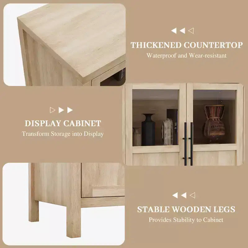55'' Large Sideboard , Glass - Door Kitchen Storage Cabinet , Wooden Farmhouse Coffee Bar Cabinet , Dining Room Buffet Table with Storage