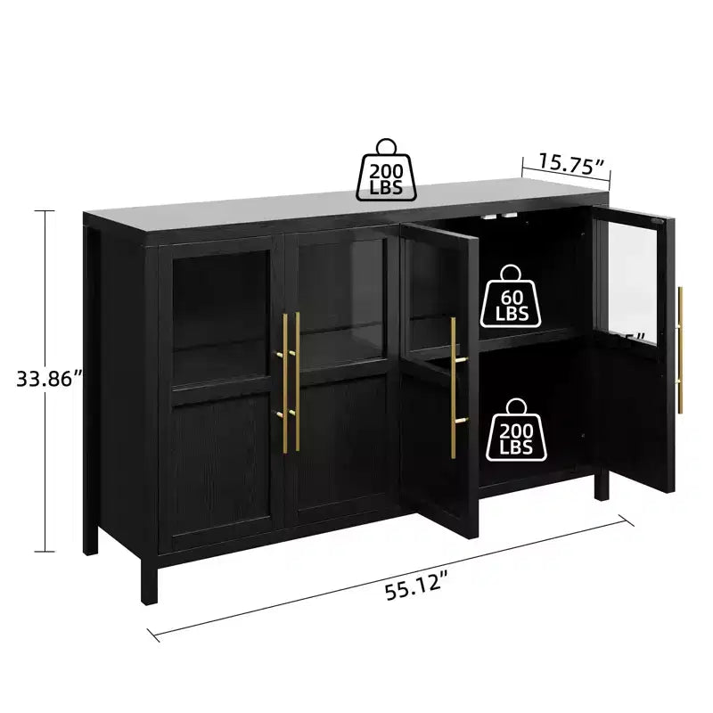 55'' Large Sideboard , Glass - Door Kitchen Storage Cabinet , Wooden Farmhouse Coffee Bar Cabinet , Dining Room Buffet Table with Storage