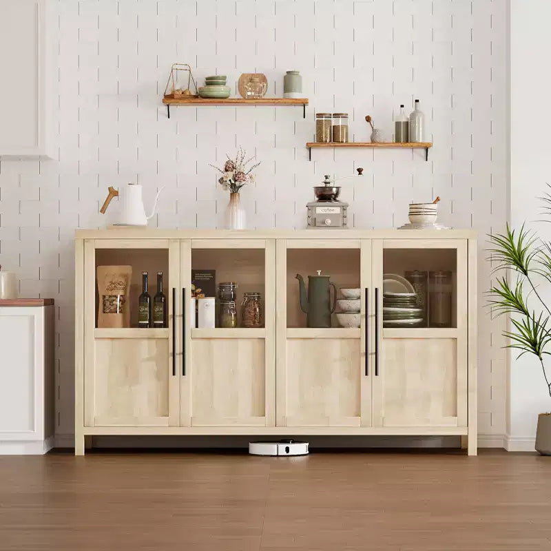 55'' Large Sideboard , Glass - Door Kitchen Storage Cabinet , Wooden Farmhouse Coffee Bar Cabinet , Dining Room Buffet Table with Storage