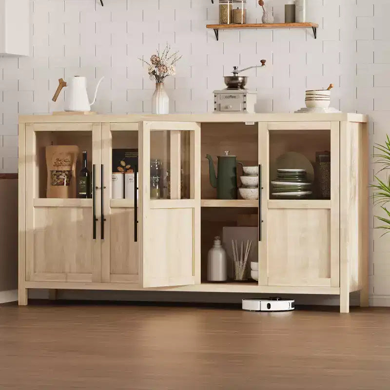 55'' Large Sideboard , Glass - Door Kitchen Storage Cabinet , Wooden Farmhouse Coffee Bar Cabinet , Dining Room Buffet Table with Storage