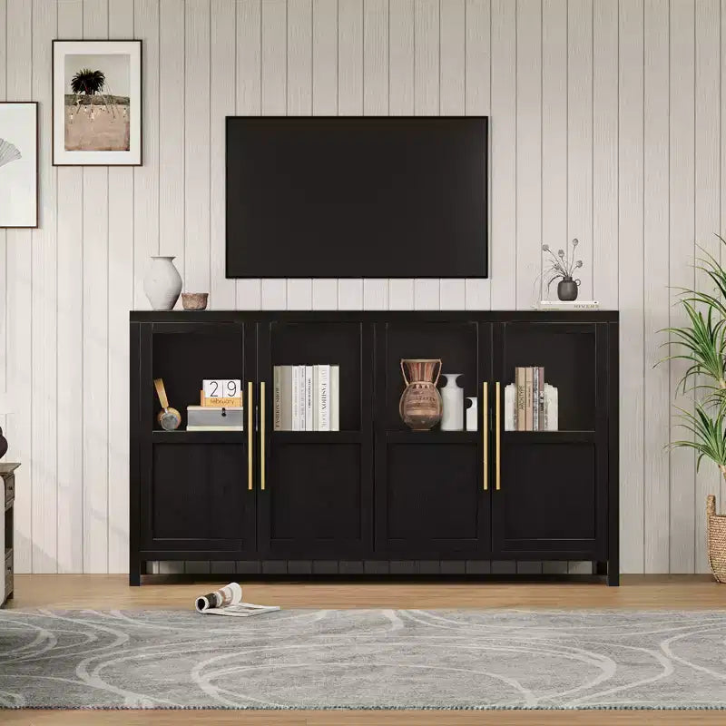 55'' Large Sideboard , Glass - Door Kitchen Storage Cabinet , Wooden Farmhouse Coffee Bar Cabinet , Dining Room Buffet Table with Storage