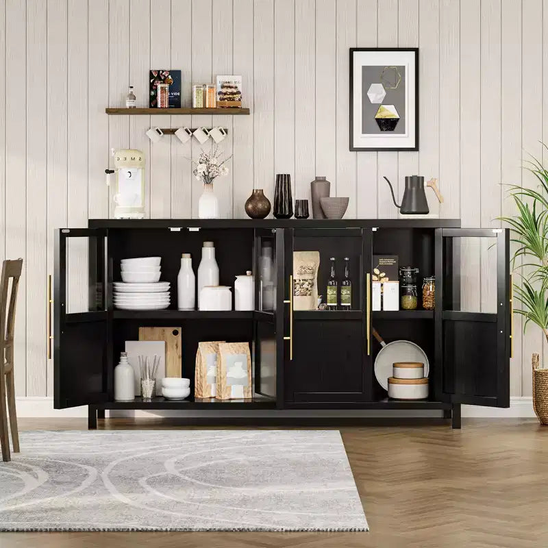 55'' Large Sideboard , Glass - Door Kitchen Storage Cabinet , Wooden Farmhouse Coffee Bar Cabinet , Dining Room Buffet Table with Storage