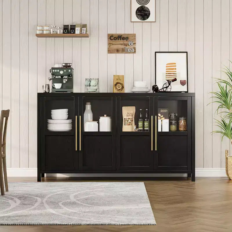 55'' Large Sideboard , Glass - Door Kitchen Storage Cabinet , Wooden Farmhouse Coffee Bar Cabinet , Dining Room Buffet Table with Storage