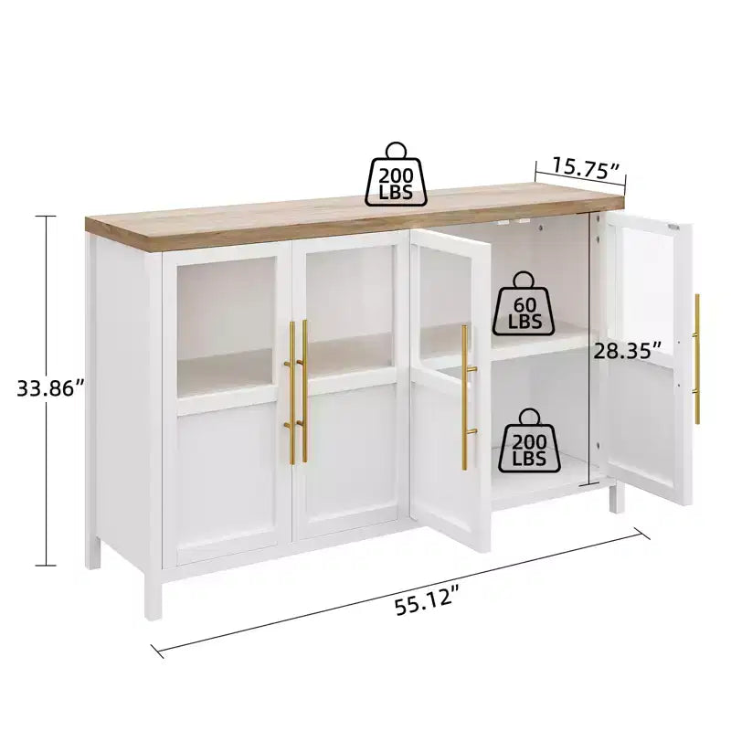 55'' Large Sideboard , Glass - Door Kitchen Storage Cabinet , Wooden Farmhouse Coffee Bar Cabinet , Dining Room Buffet Table with Storage