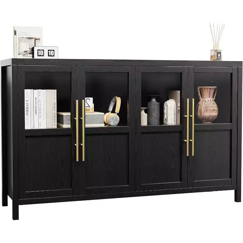 55'' Large Sideboard, Glass-Door Kitchen Storage Cabinet, Wooden Farmhouse Coffee Bar Cabinet, Dining Room Buffet Table with Storage