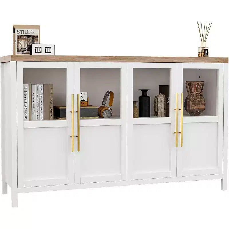 55'' Large Sideboard , Glass - Door Kitchen Storage Cabinet , Wooden Farmhouse Coffee Bar Cabinet , Dining Room Buffet Table with Storage