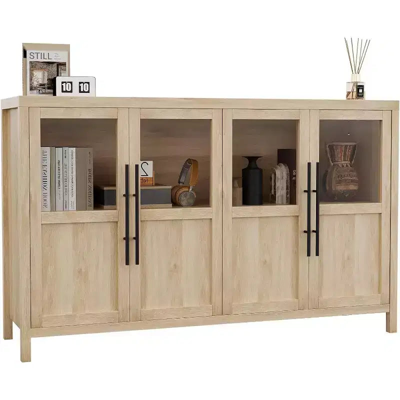 55'' Large Sideboard , Glass - Door Kitchen Storage Cabinet , Wooden Farmhouse Coffee Bar Cabinet , Dining Room Buffet Table with Storage