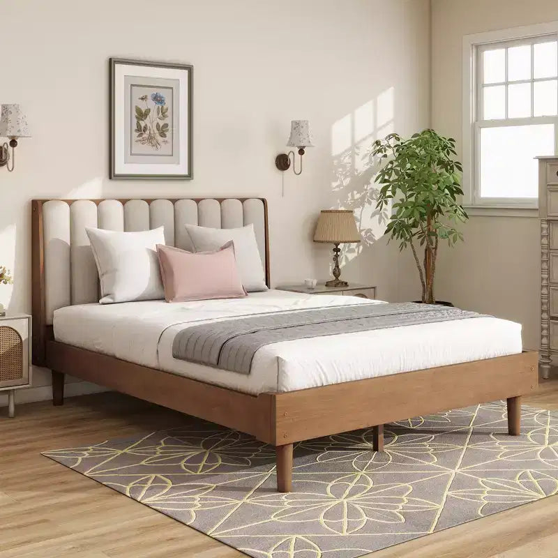 GDFStudio Ophelia Farmhouse Wooden Bed with Upholstered Headboard