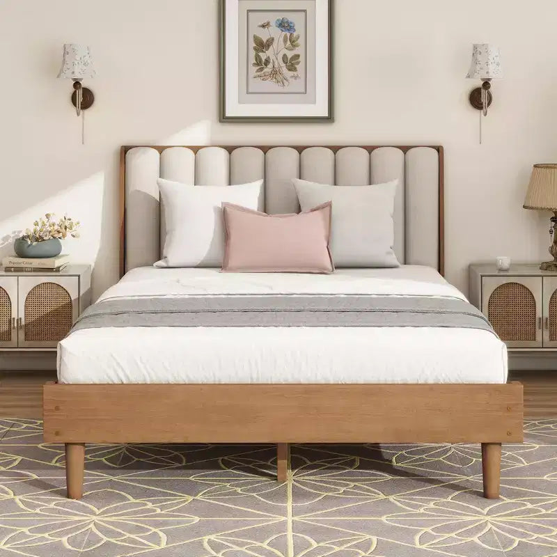 Ophelia Farmhouse Wooden Bed with Upholstered Headboard
