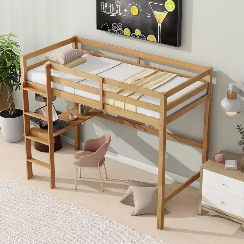Minimalism Loft Bed with Ladder , Rubber Wood Twin Loft Bed with Safety Guardrail and Build - In Desk , Bed Frames for Kids , Teenagers