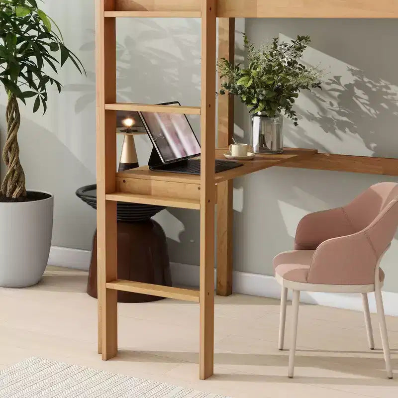 Minimalism Loft Bed with Ladder , Rubber Wood Twin Loft Bed with Safety Guardrail and Build - In Desk , Bed Frames for Kids , Teenagers