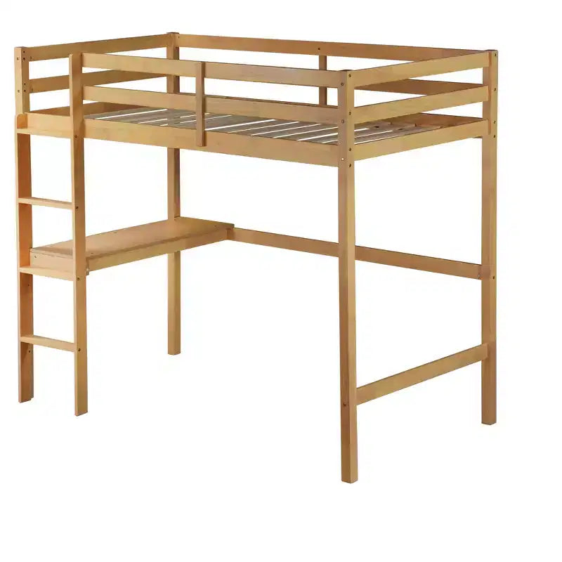 Minimalism Loft Bed with Ladder , Rubber Wood Twin Loft Bed with Safety Guardrail and Build - In Desk , Bed Frames for Kids , Teenagers