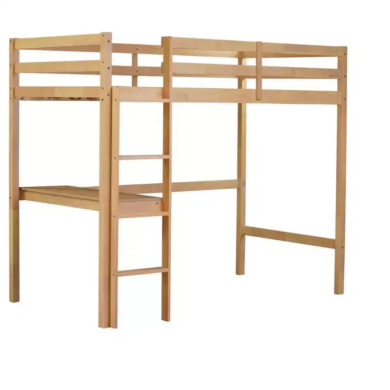 Minimalism Loft Bed with Ladder , Rubber Wood Twin Loft Bed with Safety Guardrail and Build - In Desk , Bed Frames for Kids , Teenagers