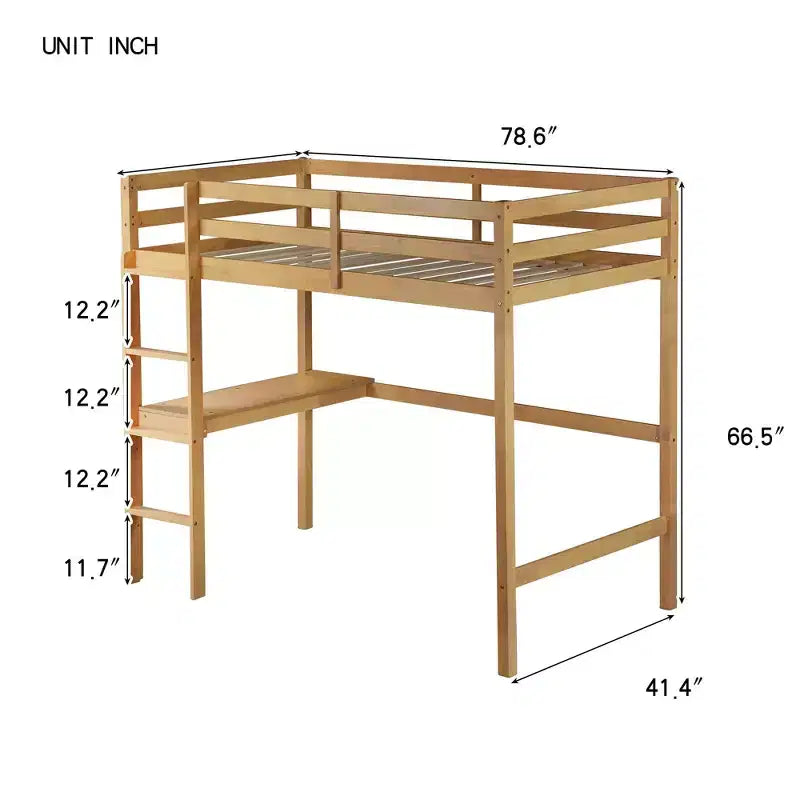 Minimalism Loft Bed with Ladder , Rubber Wood Twin Loft Bed with Safety Guardrail and Build - In Desk , Bed Frames for Kids , Teenagers