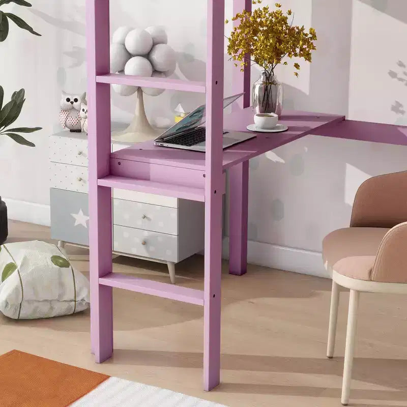 Minimalism Loft Bed with Ladder , Rubber Wood Twin Loft Bed with Safety Guardrail and Build - In Desk , Bed Frames for Kids , Teenagers
