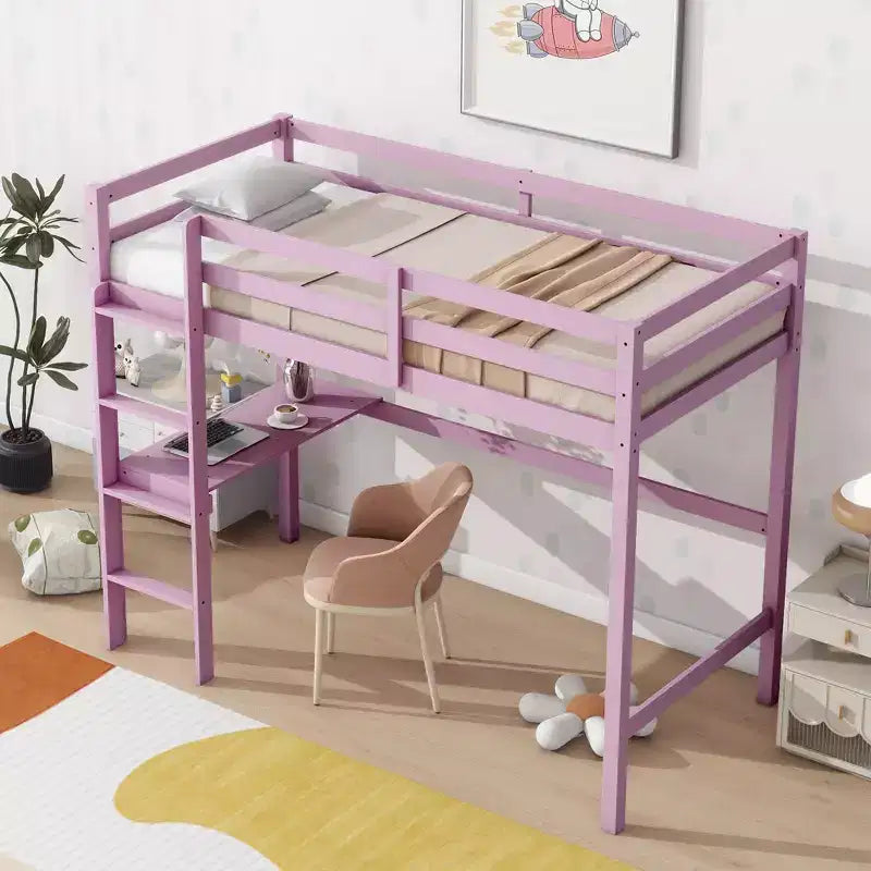 Minimalism Loft Bed with Ladder , Rubber Wood Twin Loft Bed with Safety Guardrail and Build - In Desk , Bed Frames for Kids , Teenagers