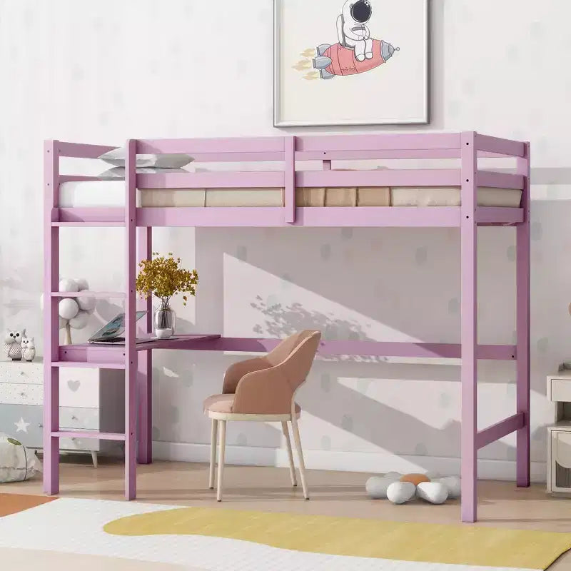Minimalism Loft Bed with Ladder , Rubber Wood Twin Loft Bed with Safety Guardrail and Build - In Desk , Bed Frames for Kids , Teenagers