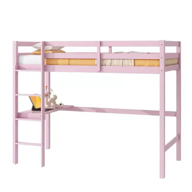 Minimalism Loft Bed with Ladder , Rubber Wood Twin Loft Bed with Safety Guardrail and Build - In Desk , Bed Frames for Kids , Teenagers