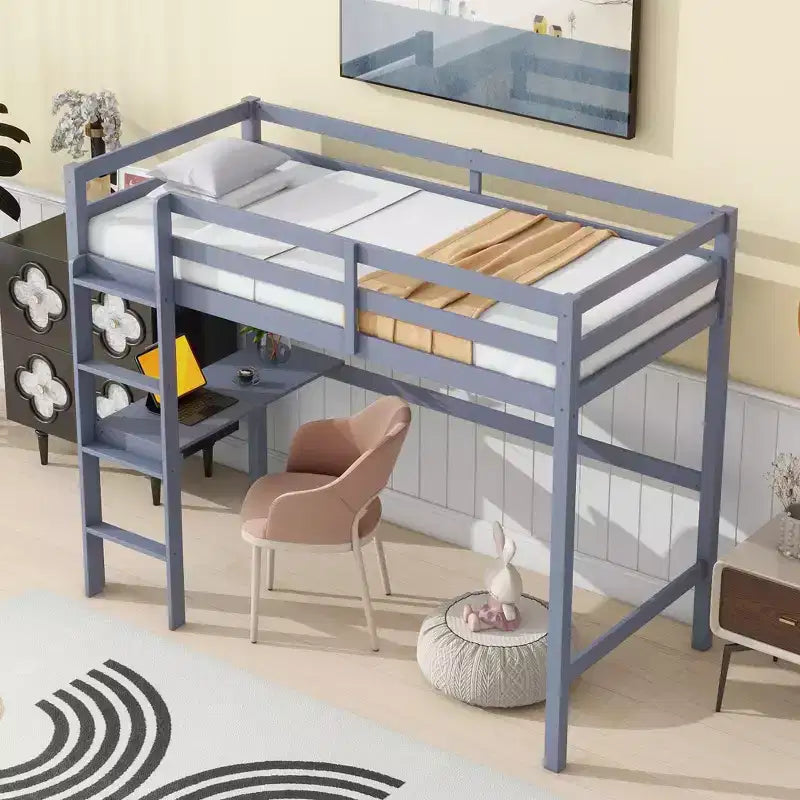 Minimalism Loft Bed with Ladder , Rubber Wood Twin Loft Bed with Safety Guardrail and Build - In Desk , Bed Frames for Kids , Teenagers