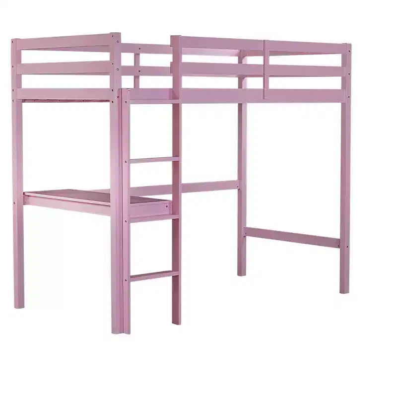 Minimalism Loft Bed with Ladder , Rubber Wood Twin Loft Bed with Safety Guardrail and Build - In Desk , Bed Frames for Kids , Teenagers