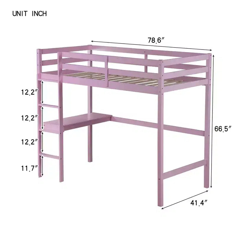 Minimalism Loft Bed with Ladder , Rubber Wood Twin Loft Bed with Safety Guardrail and Build - In Desk , Bed Frames for Kids , Teenagers