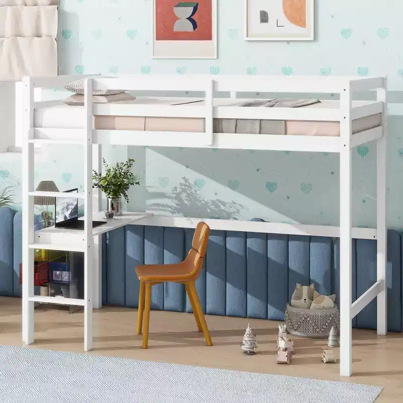 Minimalism Loft Bed with Ladder , Rubber Wood Twin Loft Bed with Safety Guardrail and Build - In Desk , Bed Frames for Kids , Teenagers