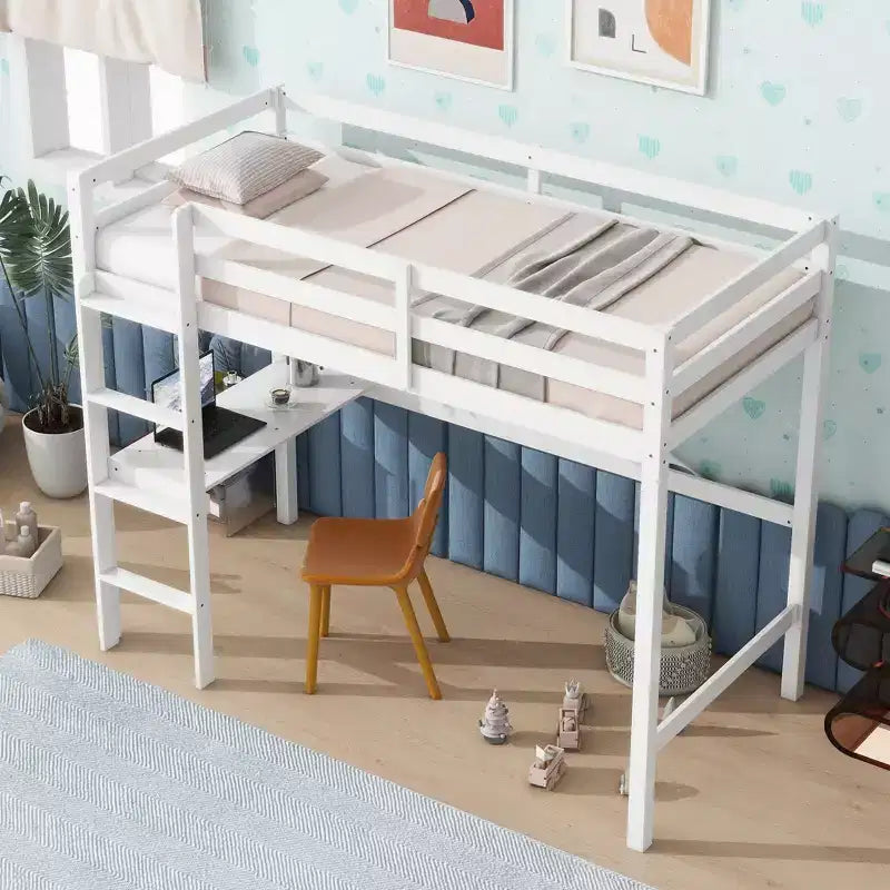 Minimalism Loft Bed with Ladder , Rubber Wood Twin Loft Bed with Safety Guardrail and Build - In Desk , Bed Frames for Kids , Teenagers