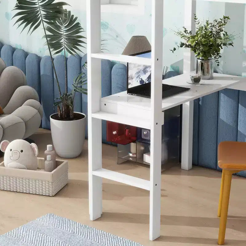 Minimalism Loft Bed with Ladder , Rubber Wood Twin Loft Bed with Safety Guardrail and Build - In Desk , Bed Frames for Kids , Teenagers