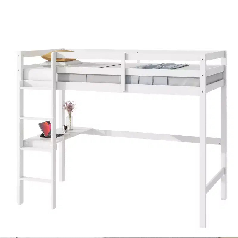 Minimalism Loft Bed with Ladder , Rubber Wood Twin Loft Bed with Safety Guardrail and Build - In Desk , Bed Frames for Kids , Teenagers