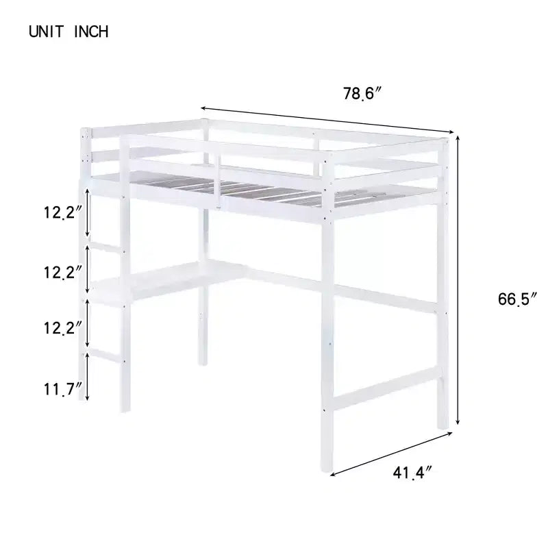 Minimalism Loft Bed with Ladder , Rubber Wood Twin Loft Bed with Safety Guardrail and Build - In Desk , Bed Frames for Kids , Teenagers