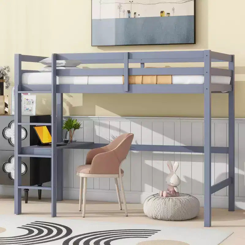 Minimalism Loft Bed with Ladder , Rubber Wood Twin Loft Bed with Safety Guardrail and Build - In Desk , Bed Frames for Kids , Teenagers