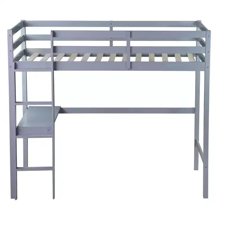 Minimalism Loft Bed with Ladder , Rubber Wood Twin Loft Bed with Safety Guardrail and Build - In Desk , Bed Frames for Kids , Teenagers