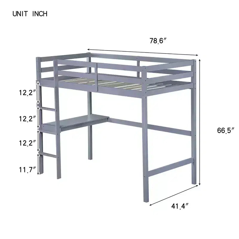 Minimalism Loft Bed with Ladder , Rubber Wood Twin Loft Bed with Safety Guardrail and Build - In Desk , Bed Frames for Kids , Teenagers