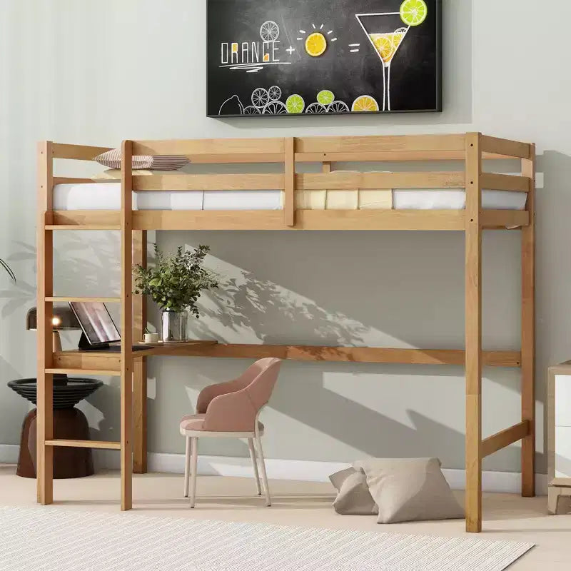Minimalism Loft Bed with Ladder , Rubber Wood Twin Loft Bed with Safety Guardrail and Build - In Desk , Bed Frames for Kids , Teenagers