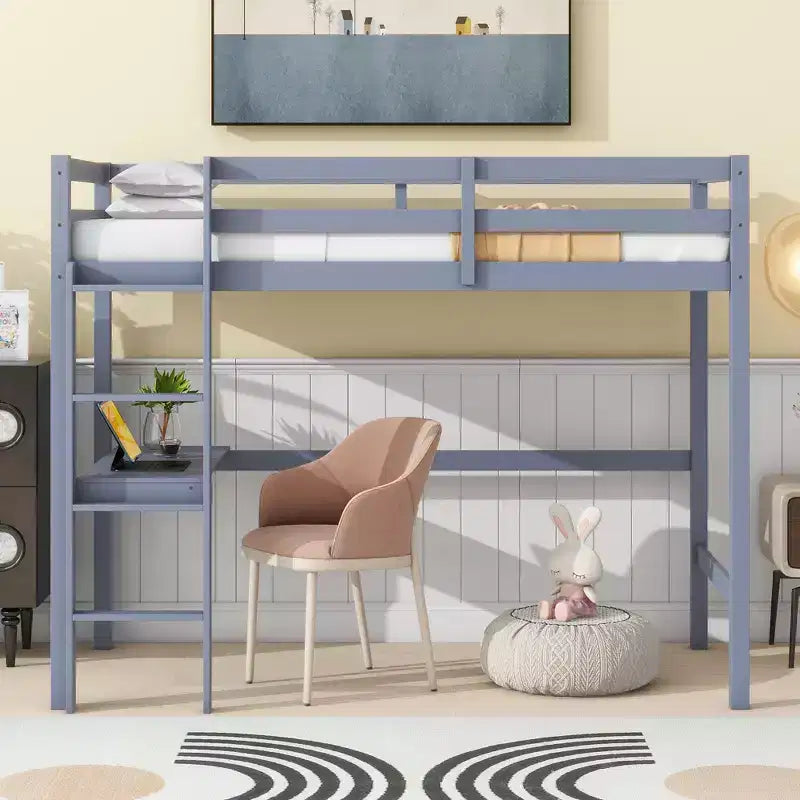 Okak Minimalism Loft Bed with Ladder, Rubber Wood Twin Loft Bed with Safety Guardrail and Build-In Desk, Bed Frames for Kids, Teenagers