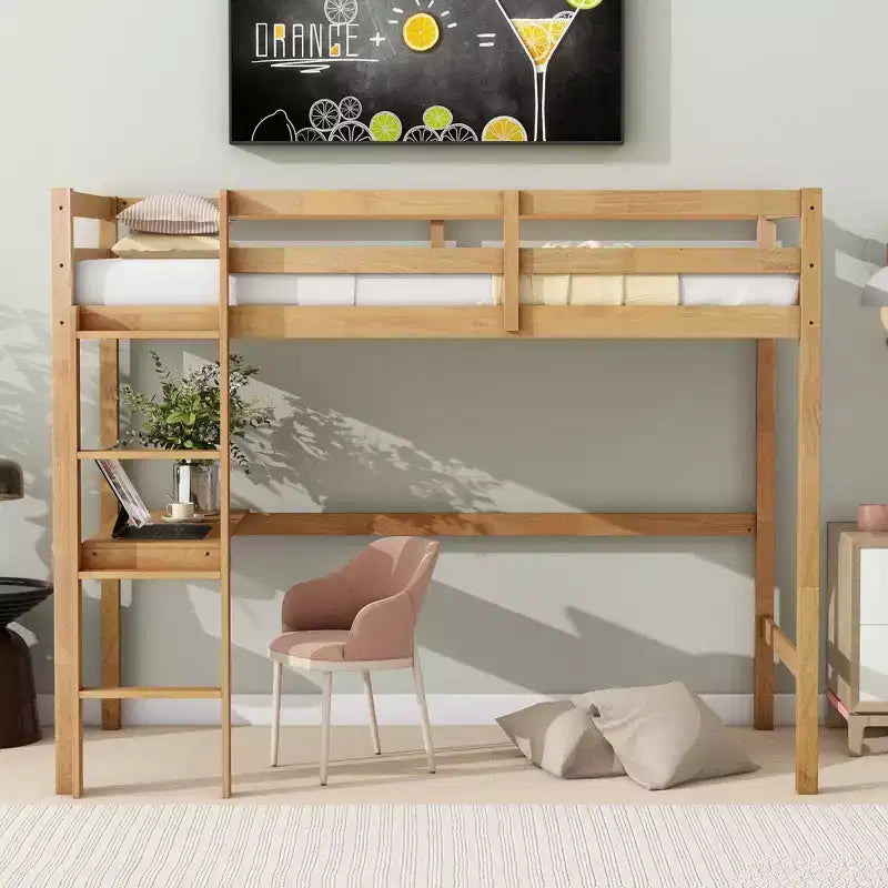 Minimalism Loft Bed with Ladder , Rubber Wood Twin Loft Bed with Safety Guardrail and Build - In Desk , Bed Frames for Kids , Teenagers
