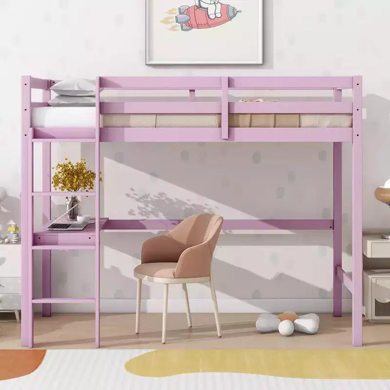 Minimalism Loft Bed with Ladder , Rubber Wood Twin Loft Bed with Safety Guardrail and Build - In Desk , Bed Frames for Kids , Teenagers