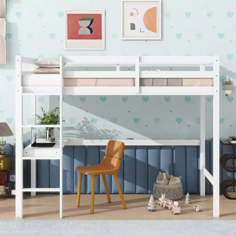 Minimalism Loft Bed with Ladder , Rubber Wood Twin Loft Bed with Safety Guardrail and Build - In Desk , Bed Frames for Kids , Teenagers