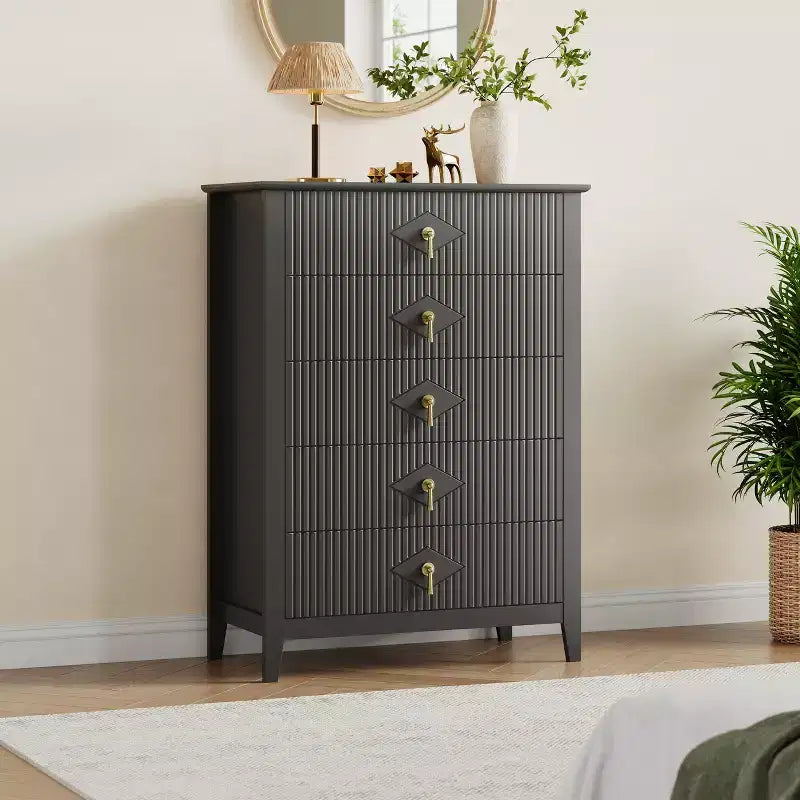 Fluted White Dresser for Bedroom , 43 Tall Storage Dresser Tower with 5 Drawers , Modern Chest of Drawers , Storage Organizer Unit for Closet , Entryway