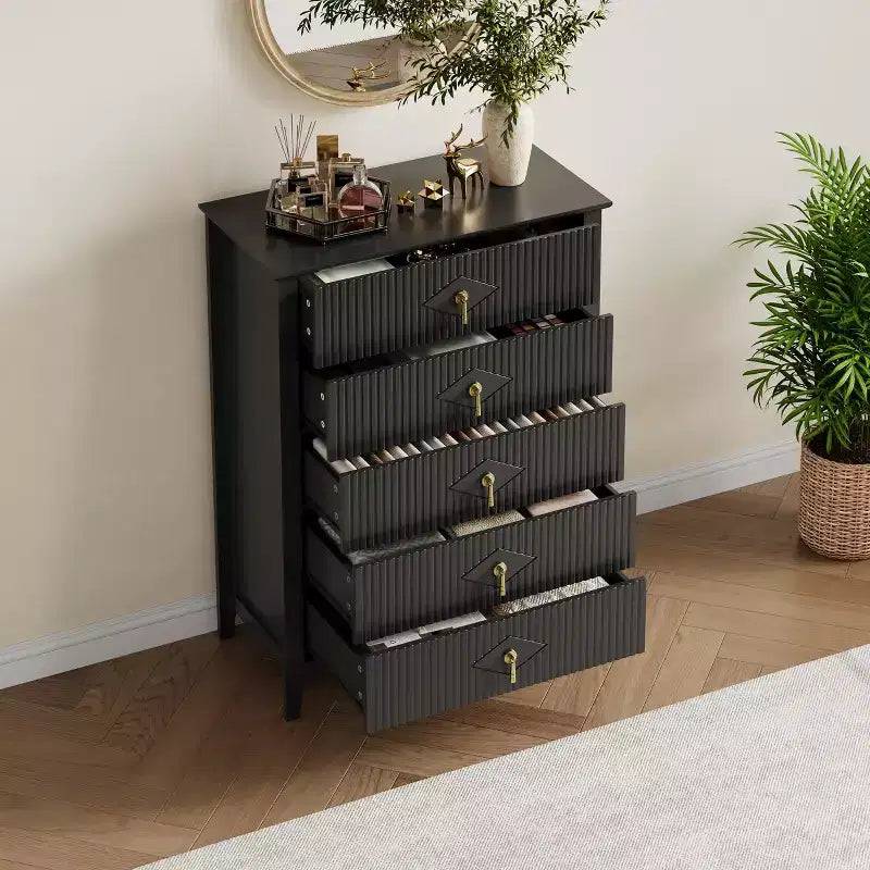 Fluted White Dresser for Bedroom , 43 Tall Storage Dresser Tower with 5 Drawers , Modern Chest of Drawers , Storage Organizer Unit for Closet , Entryway