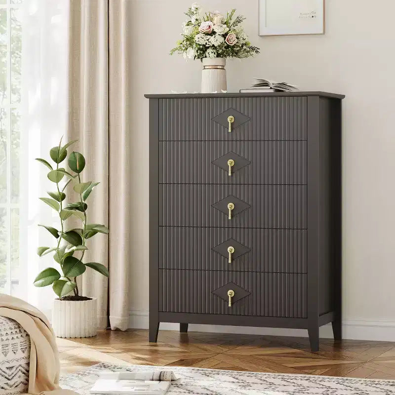 Fluted White Dresser for Bedroom , 43 Tall Storage Dresser Tower with 5 Drawers , Modern Chest of Drawers , Storage Organizer Unit for Closet , Entryway
